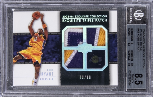 2003-04 UD "Exquisite Collection" Triple Patch #KB Kobe Bryant Game Used Patch Card (#03/10) – BGS NM-MT+ 8.5